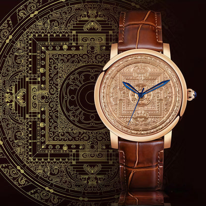 Buddha Hour 45mm Avalokiteshvara Liberation Mandala Mechanical Watch – Tibetan Buddhist luxury timepiece, 24K gold-plated, Citizen movement, engraved copper dial, rose gold & gold