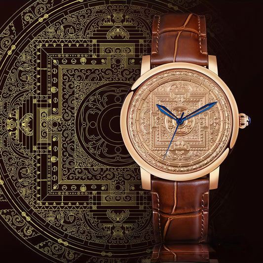 Buddha Hour 45mm Avalokiteshvara Liberation Mandala Mechanical Watch – Tibetan Buddhist luxury timepiece, 24K gold-plated, Citizen movement, engraved copper dial, rose gold & gold