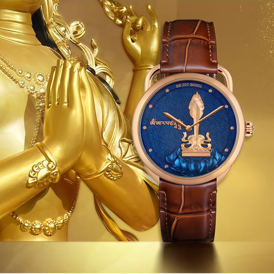 Buddha Hour 43mm Manjushri Wisdom Sword Relief Watch – Buddhist luxury timepiece, deep blue engraved copper dial, gold & black case, sapphire crystal