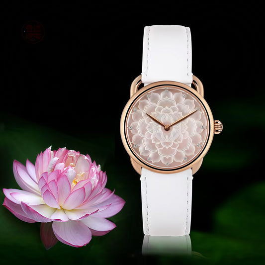 Buddha Hour 38mm Thousand Layer Lotus Mother of Pearl Relief Watch – Buddhist women's luxury timepiece, deep-sea pearl dial, Swarovski crystals, sapphire crystal