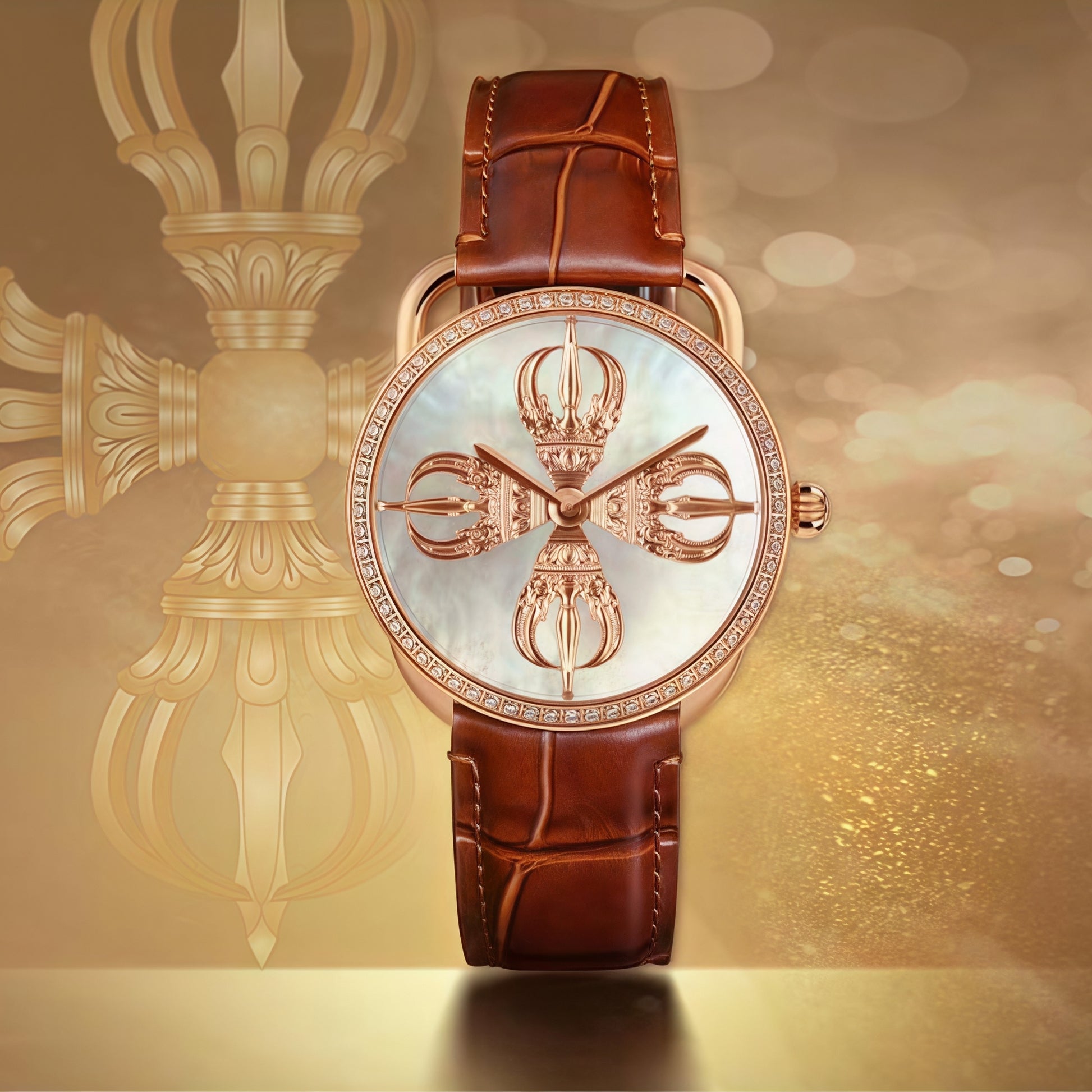 Buddha Hour Crossed Vajra Relief Watch – Buddhist luxury couple timepiece, 24K rose gold case, Swarovski crystals, mother-of-pearl & brass dial, 38mm & 43mm