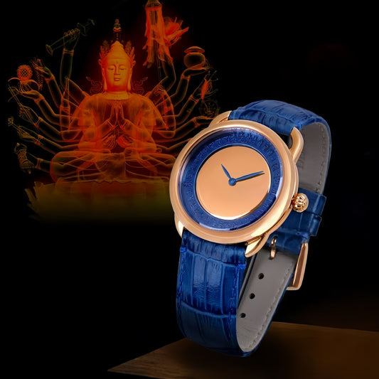 Buddha Hour 38mm Cundi Buddha Mirror Relief Watch – Buddhist women's luxury timepiece, 316L stainless steel, sapphire crystal, genuine leather strap