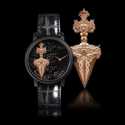 Buddha Hour 45mm Phurba Vajra Relief Watch – Tantric Buddhist luxury timepiece, sacred Kila dagger engraving, rose gold, gold & black case, sapphire crystal