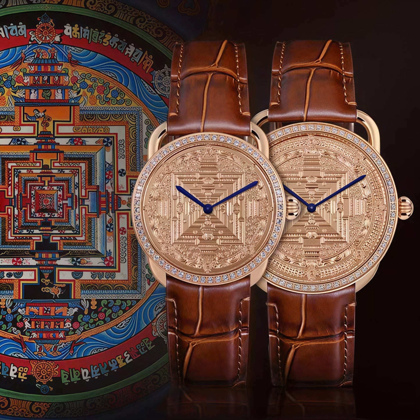Buddha Hour Kalachakra Mandala Relief Watch – Tibetan Buddhist luxury couple timepiece, 24K rose gold-plated, Swarovski crystals, engraved copper dial, 38mm & 43mm
