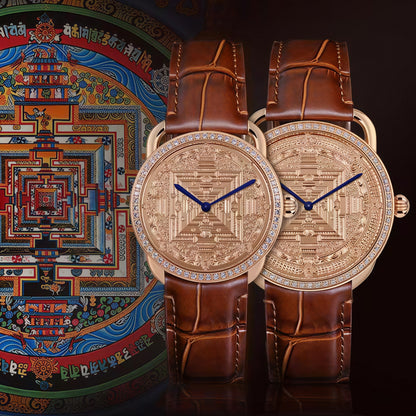 Buddha Hour Kalachakra Mandala Relief Watch – Tibetan Buddhist luxury couple timepiece, 24K rose gold-plated, Swarovski crystals, engraved copper dial, 38mm & 43mm