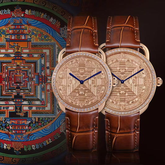 Buddha Hour Kalachakra Mandala Relief Watch – Tibetan Buddhist luxury couple timepiece, 24K rose gold-plated, Swarovski crystals, engraved copper dial, 38mm & 43mm