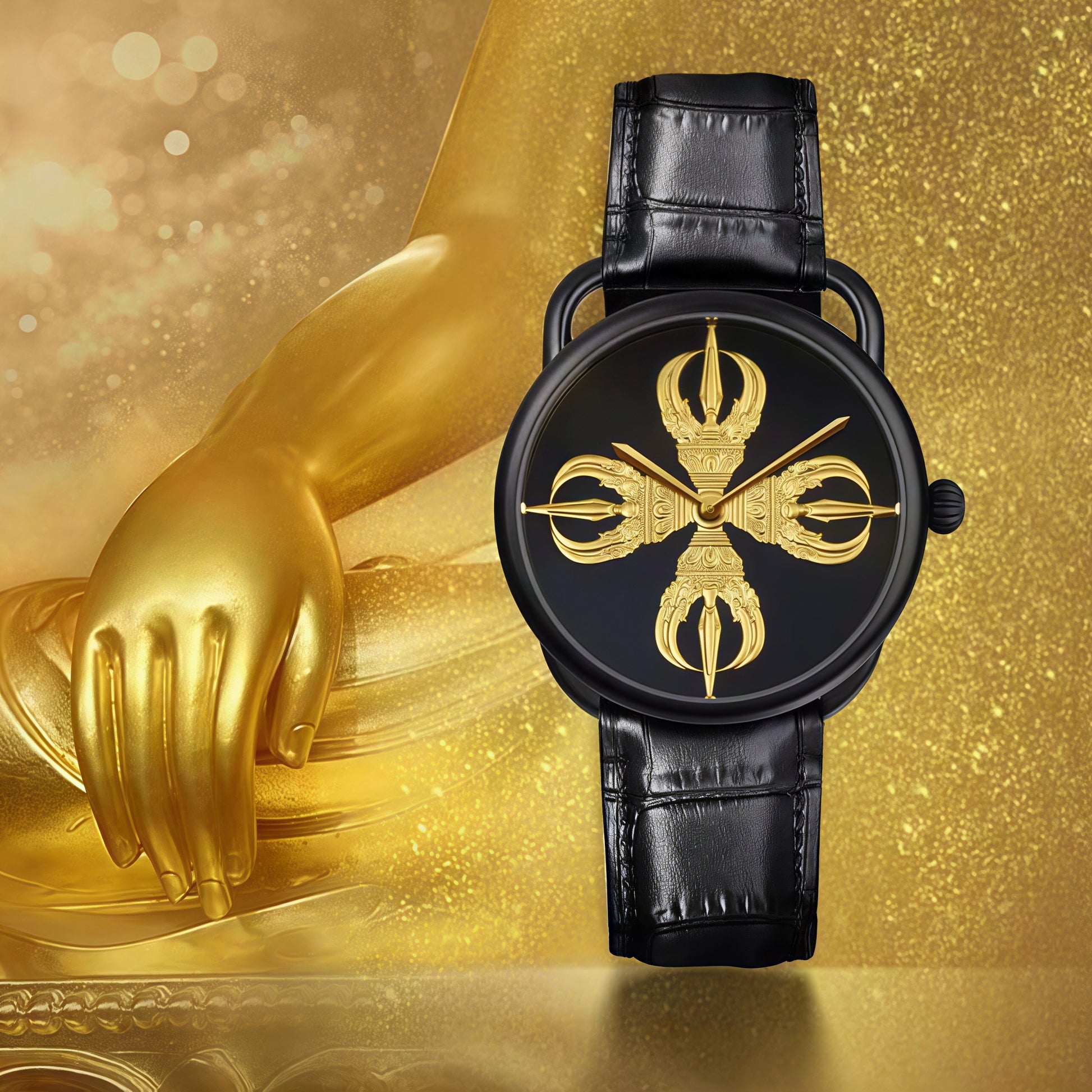 Buddha Hour 43mm Crossed Vajra Relief Watch – Buddhist dharma luxury timepiece, matte black case, precision-engraved copper dial, Swiss quartz, sapphire crystal