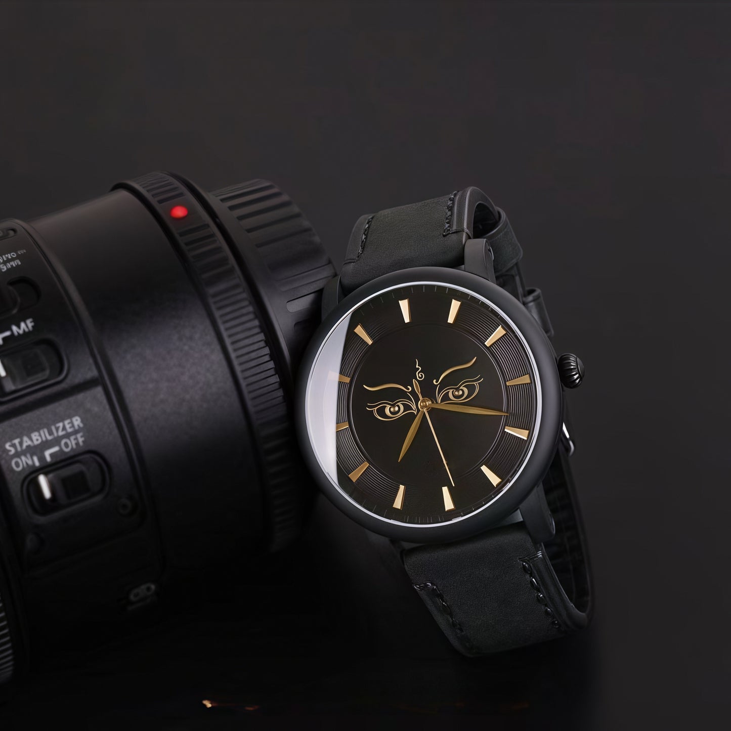 Buddha Hour 45mm Buddha Prajna Wisdom Eye Relief Watch | Buddhist luxury timepiece, black & gold, sapphire crystal