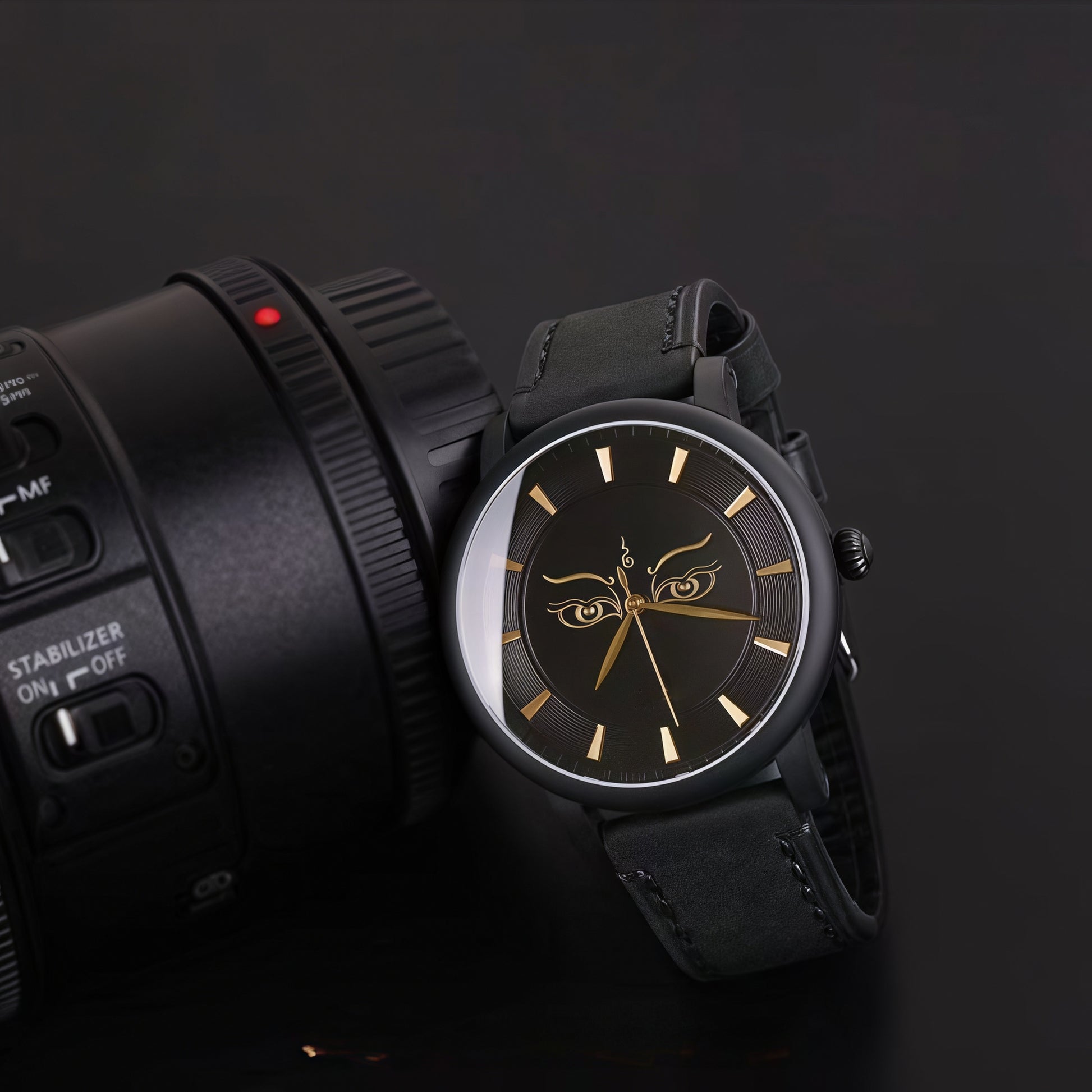 Buddha Hour 45mm Buddha Prajna Wisdom Eye Relief Watch | Buddhist luxury timepiece, black & gold, sapphire crystal