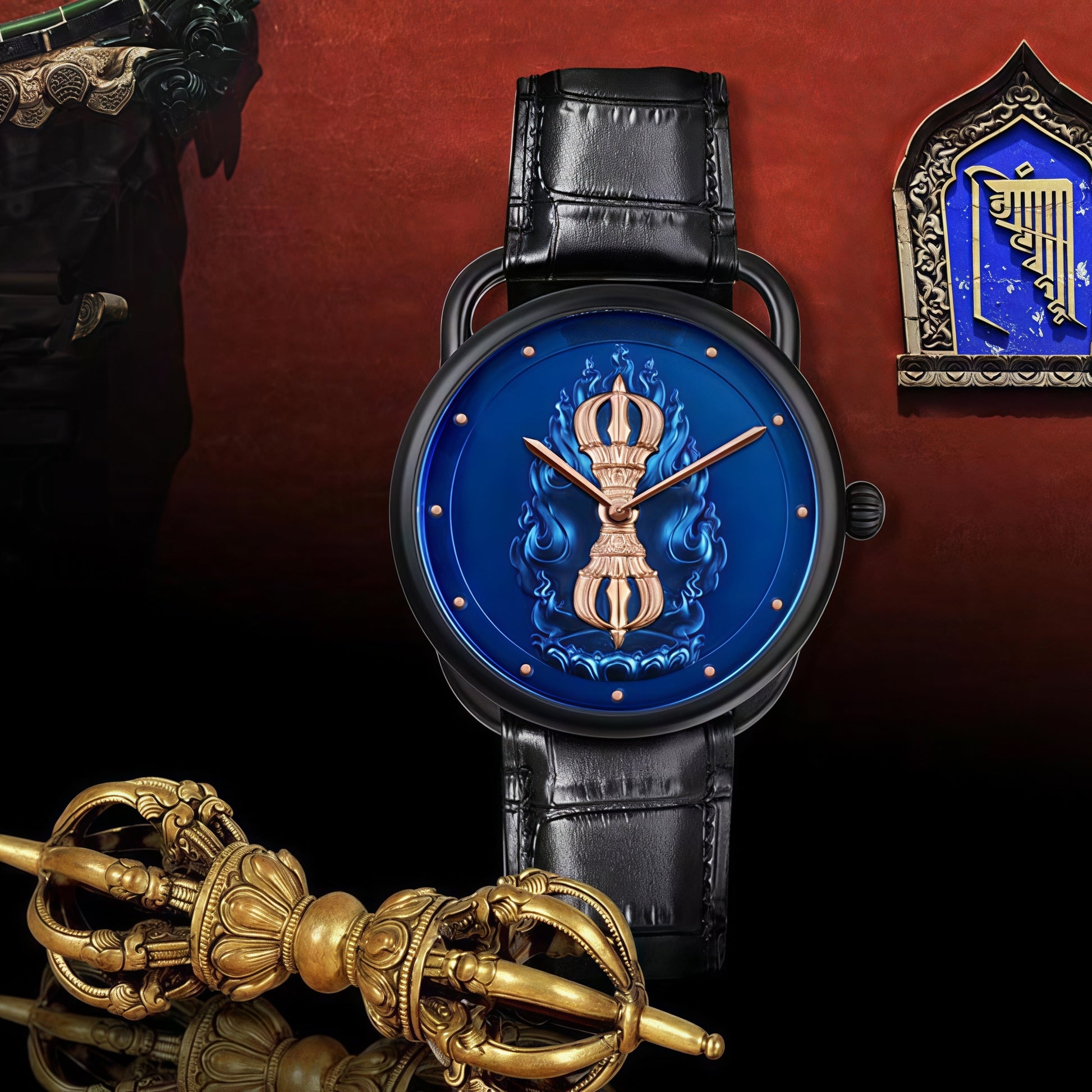 Buddha Hour 43mm Single Vajra Relief Watch – Buddhist dharma luxury timepiece, deep blue engraved copper dial, black PVD & rose gold case, sapphire crystal