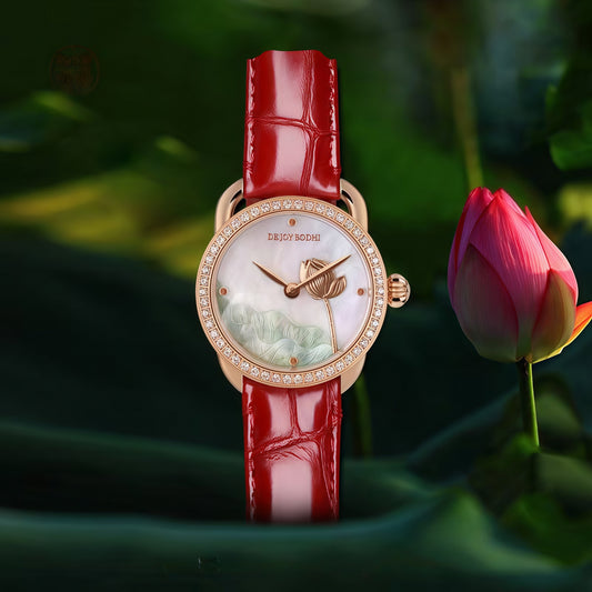 Buddha Hour 27mm Solitary Lotus Relief Watch – Buddhist women's luxury timepiece, deep-sea mother-of-pearl dial, Swarovski crystals, sapphire crystal