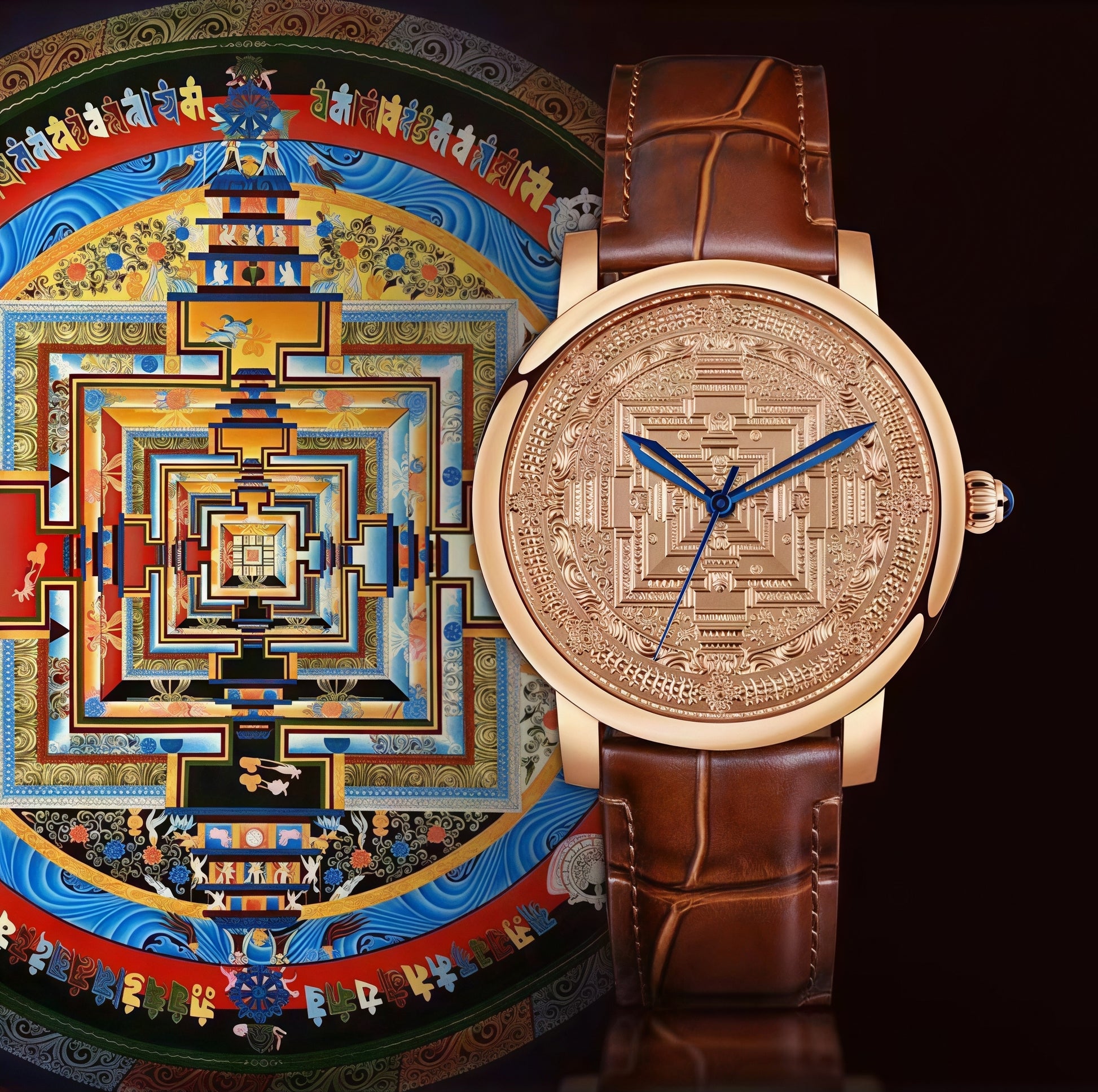 Buddha Hour 45mm Kalachakra Mandala Mechanical Watch – Tibetan Buddhist luxury timepiece, 24K gold-plated case, Citizen movement, engraved copper dial, sapphire crystal, 50m