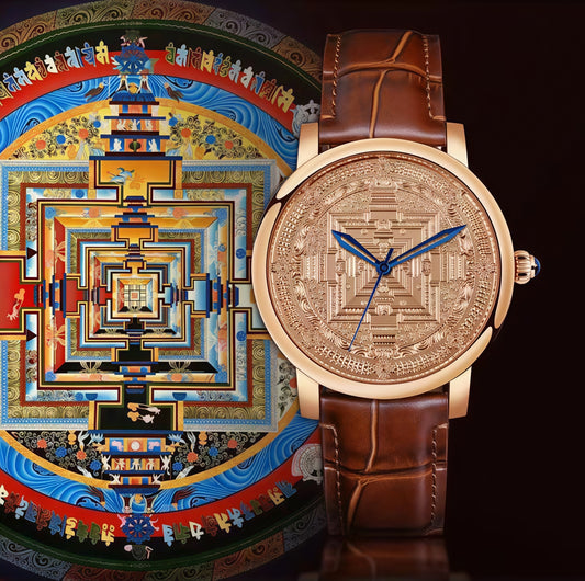 Buddha Hour 45mm Kalachakra Mandala Mechanical Watch – Tibetan Buddhist luxury timepiece, 24K gold-plated case, Citizen movement, engraved copper dial, sapphire crystal, 50m