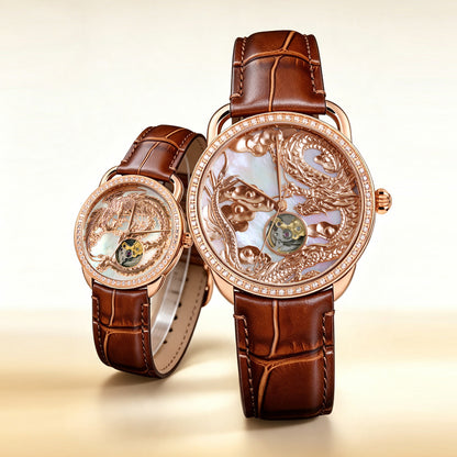 BuddhaHour Dragon & Phoenix Openwork Mechanical Watch – 24K Gold-Plated Case, Deep-Sea Mother-of-Pearl Dial, Swarovski Crystal, Japanese Citizen Movement
