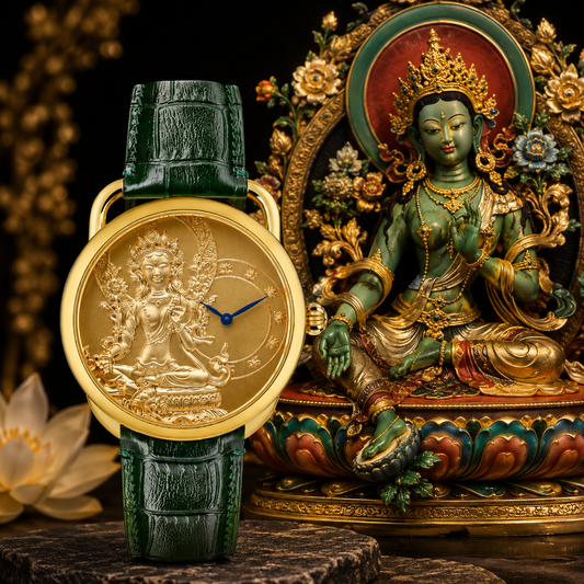Green Arya Tara Relief Watch | Buddhist luxury timepiece, sapphire crystal, leather strap
