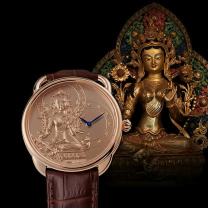 Buddha Hour Green Arya Tara Relief Watch – Buddhist luxury timepiece, Swarovski crystal edition, 38mm & 43mm, sapphire crystal, genuine leather strap