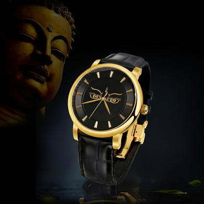 Buddha Hour 45mm Buddha Prajna Wisdom Eye Relief Watch – Buddhist luxury timepiece, sacred wisdom eye engraving, black & gold case, sapphire crystal, genuine leather strap