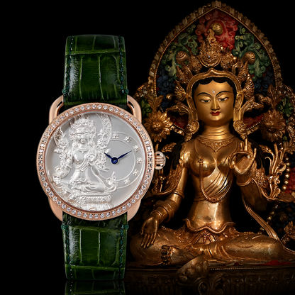 Buddha Hour 38mm Green Arya Tara Relief Watch – Buddhist women's luxury timepiece, Swarovski crystals, sapphire crystal, genuine leather strap