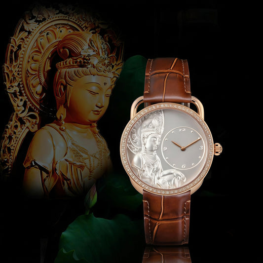 Buddha Hour Kwan Yin Relief Watch – Buddhist guardian blessing luxury timepiece, silver & gold dial, 38mm & 43mm, Swarovski crystals, sapphire crystal