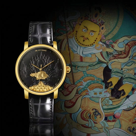 Buddha Hour 45mm Jambhala Treasure-Spewing Wealth Rat Relief Watch – Buddhist luxury timepiece, wealth deity guardian, precision engraving, black & gold case, sapphire crysta