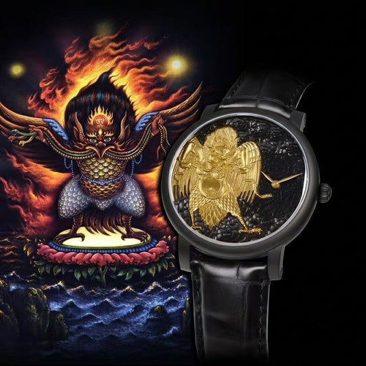 Buddha Hour 45mm Great Peng Golden Wing Garuda Relief Watch – Tantric Buddhist luxury timepiece, guardian blessing, precision engraving, sapphire crystal, genuine leather strap