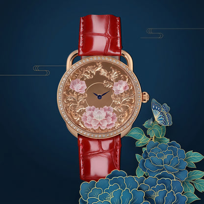 Buddha Hour 43mm Peony Blooming for Prosperity Mother of Pearl Relief Watch – Buddhist luxury timepiece, genuine pearl dial, Swarovski crystals, silver & gold