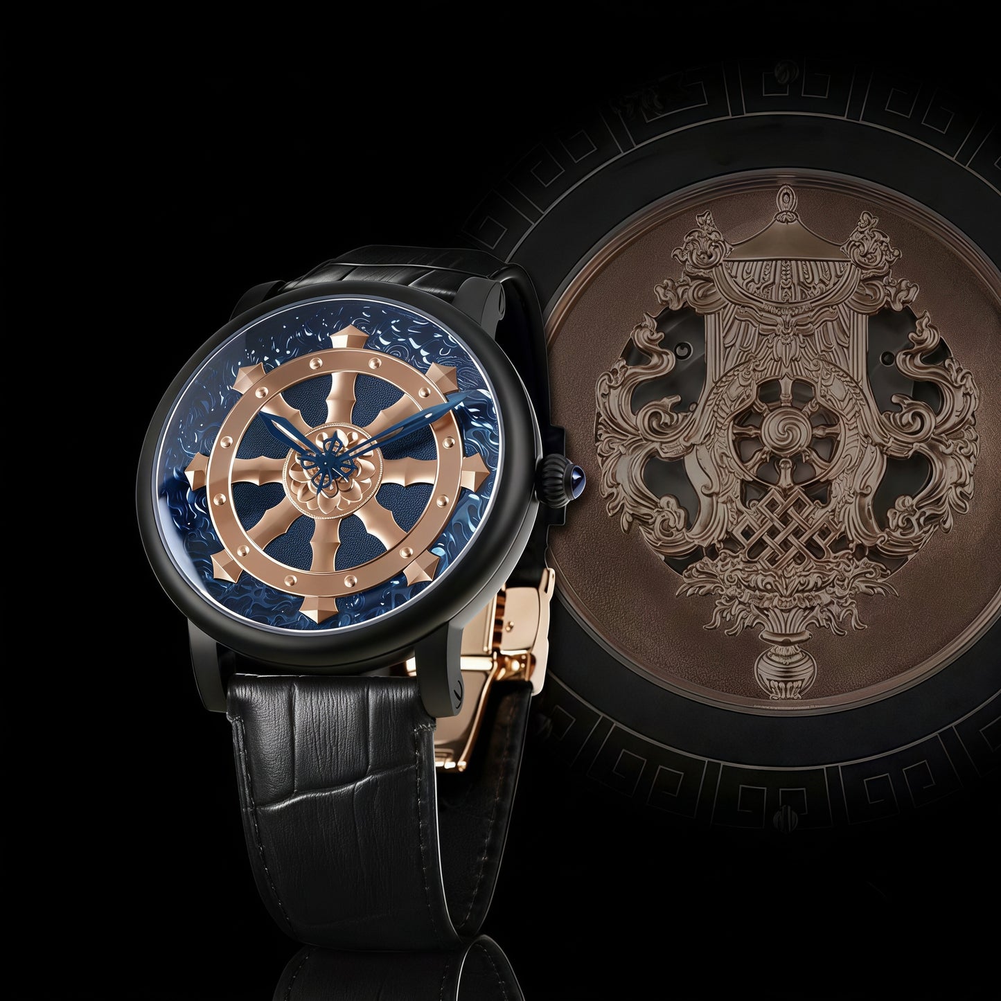 Buddha Hour 45mm Golden Dharma Wheel Mechanical Watch – Buddhist eight auspicious luxury timepiece, Dharmachakra engraving, Citizen automatic movement, black & rose gold, 5ATM