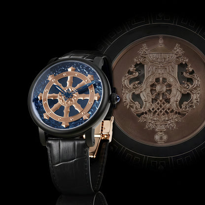 Buddha Hour 45mm Golden Dharma Wheel Mechanical Watch – Buddhist eight auspicious luxury timepiece, Dharmachakra engraving, Citizen automatic movement, black & rose gold, 5ATM