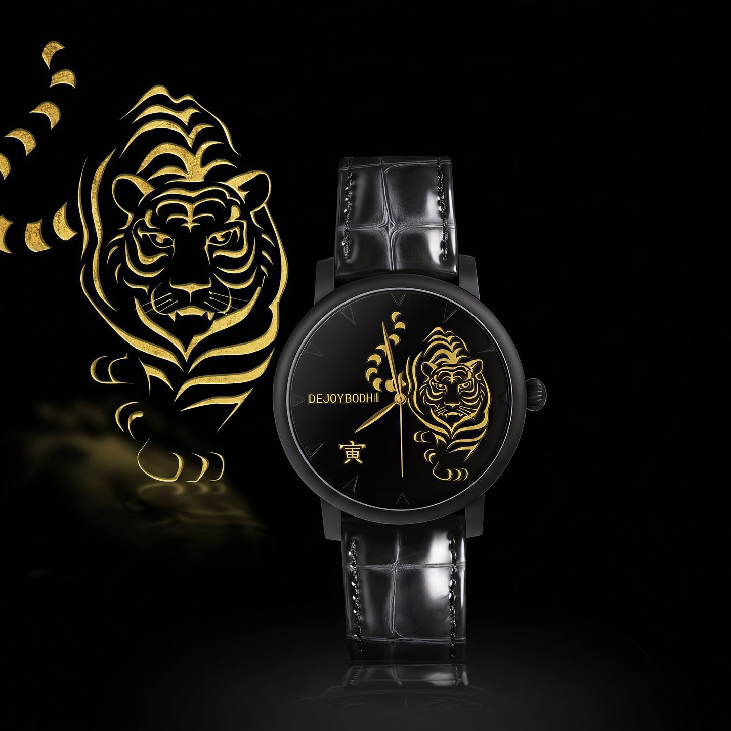 Buddha Hour 45mm Yin Tiger Relief Watch – Buddhist men's luxury timepiece, gold foil lacquer engraving, black & gold case, sapphire crystal, genuine leather strap