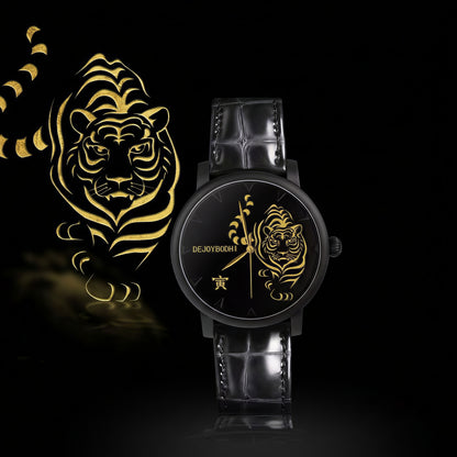 Buddha Hour 45mm Yin Tiger Relief Watch – Buddhist men's luxury timepiece, gold foil lacquer engraving, black & gold case, sapphire crystal, genuine leather strap