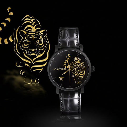 Buddha Hour 45mm Yin Tiger Relief Watch – Buddhist men's luxury timepiece, gold foil lacquer engraving, black & gold case, sapphire crystal, genuine leather strap