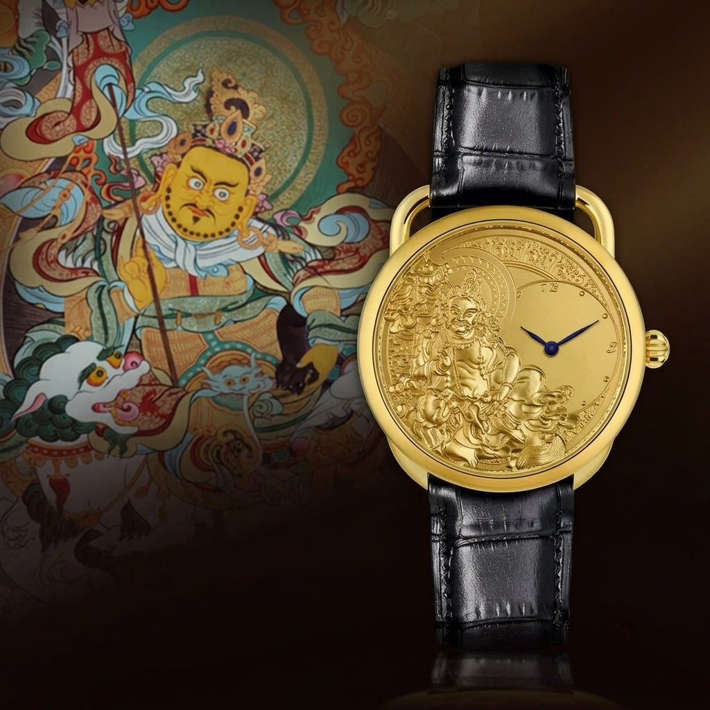 Buddha Hour 43mm Vaishravana Relief Watch – Buddhist wealth god luxury timepiece, 24K gold-plated case, Swarovski crystals, engraved copper dial, sapphire crystal