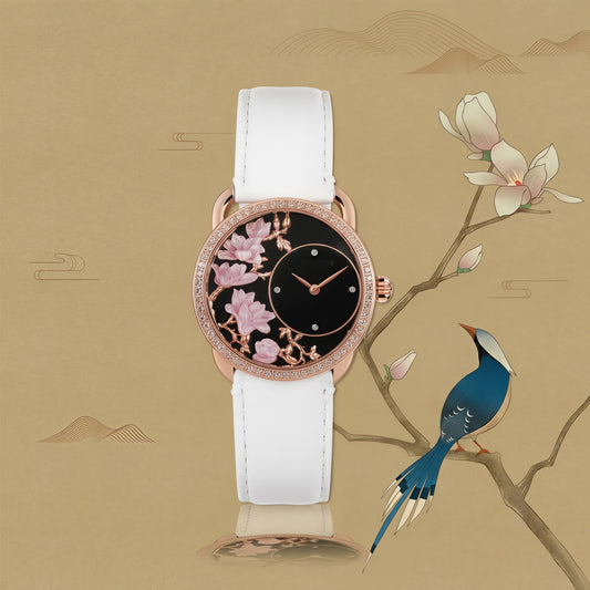 Buddha Hour 43mm Yulan Magnolia Mother of Pearl Watch – luxury women's timepiece, deep-sea pearl dial, Swarovski crystals, sapphire crystal, pink, black & white strap