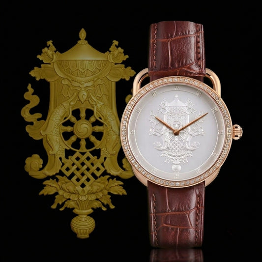 Buddha Hour 43mm Eight Auspicious Symbols Relief Watch – Tibetan Buddhist luxury timepiece, 8 sacred symbols engraving, Swarovski crystals, sapphire crystal, genuine leather strap