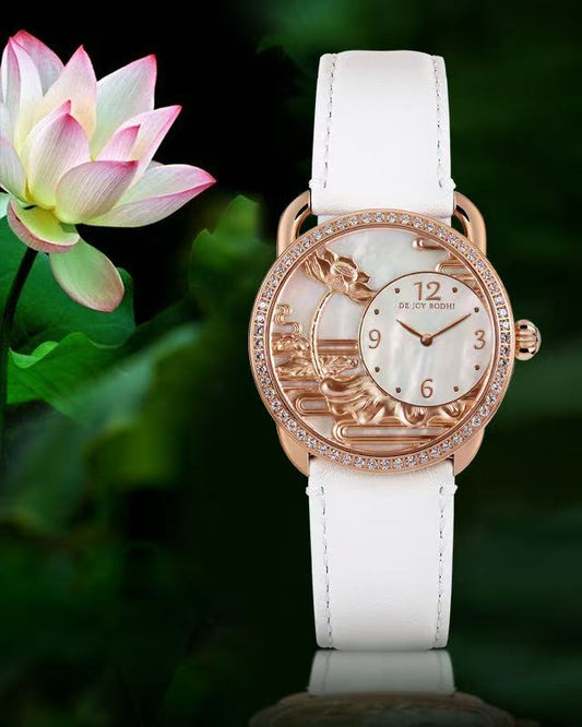 【DEJOY BODHI】Lotus Mother of Pearl Embossed Watch | Buddhist Luxury Timepiece