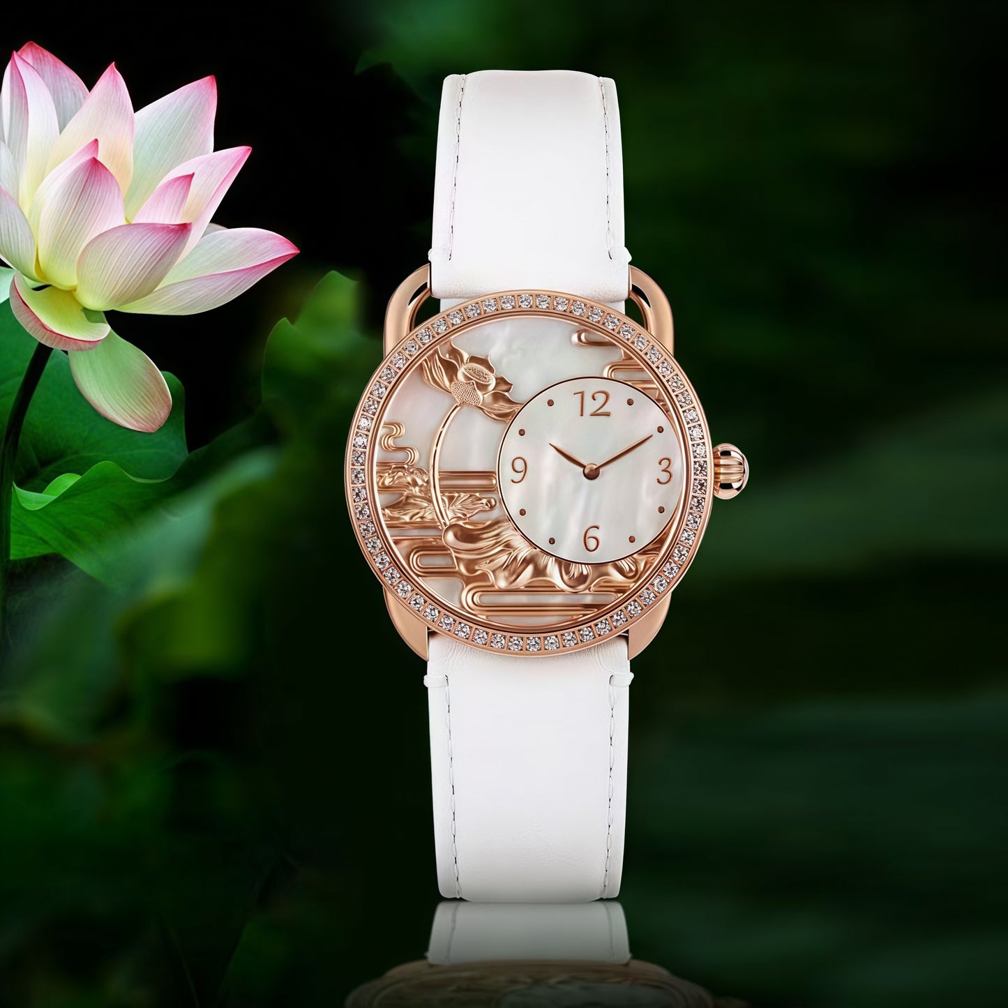 Buddha Hour Lotus Mother of Pearl Embossed Watch – Buddhist luxury timepiece, deep-sea pearl dial, Swarovski crystals, sapphire crystal, red & white strap, 38mm & 43mm