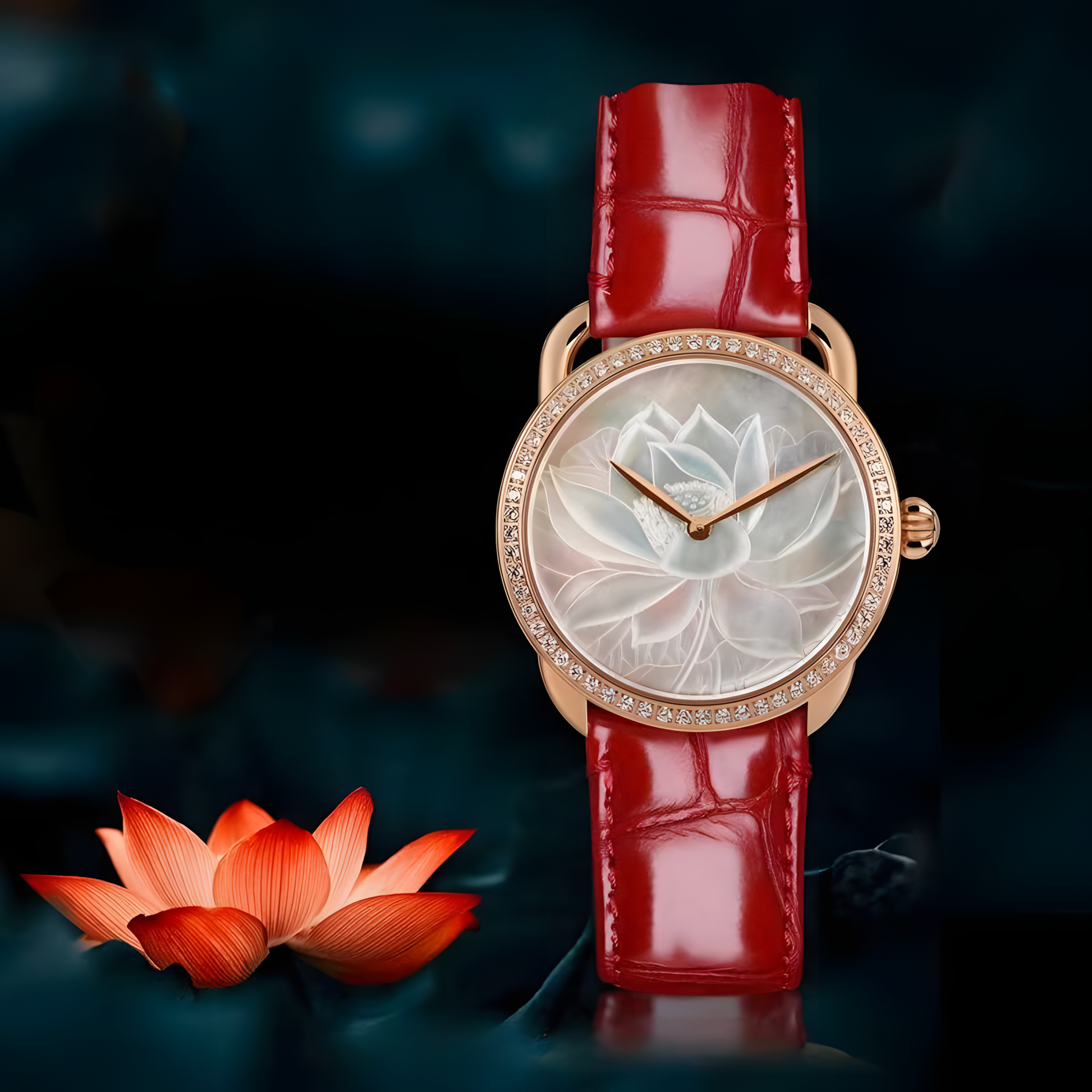 Buddha Hour 38mm Lotus Mother of Pearl Relief Watch – Buddhist luxury timepiece, deep-sea pearl dial, Swarovski crystals, sapphire crystal glass