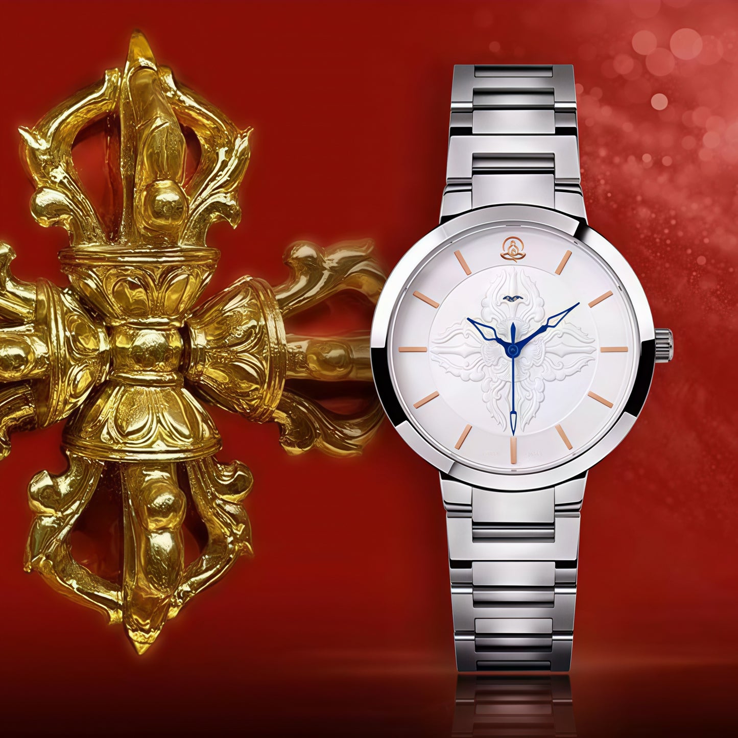 Buddha Hour Crossed Vajra Steel Bracelet Relief Watch – Buddhist luxury couple timepiece, silver-tone stainless steel bracelet, engraved copper dial, 38mm & 34mm