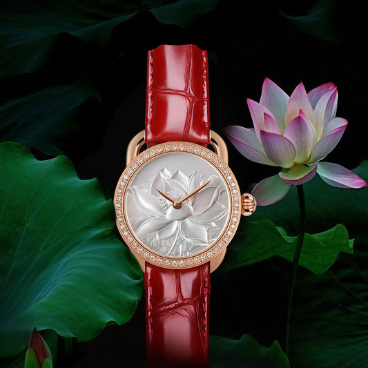 Buddha Hour 27mm Lotus Relief Watch – Buddhist women's luxury timepiece, Swarovski crystals, sapphire crystal glass, genuine leather strap