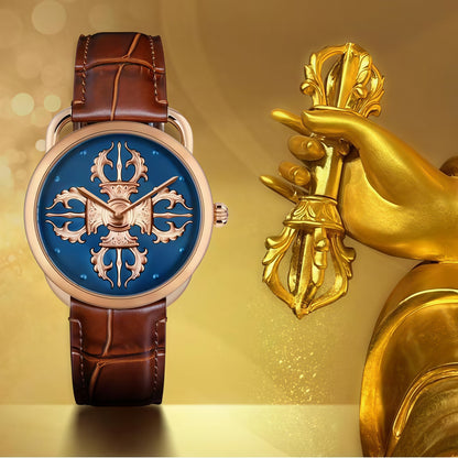 Buddha Hour Crossed Vajra Relief Watch – Buddhist luxury timepiece, 24K rose gold-plated case, precision-engraved brass dial, sapphire crystal, 38mm & 43mm