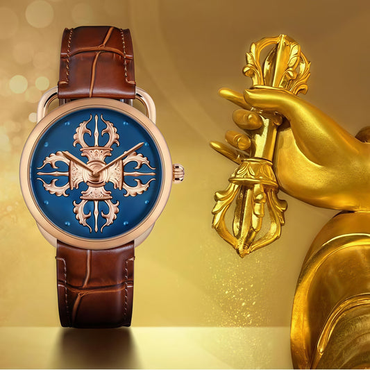 Buddha Hour Crossed Vajra Relief Watch – Buddhist luxury timepiece, 24K rose gold-plated case, precision-engraved brass dial, sapphire crystal, 38mm & 43mm