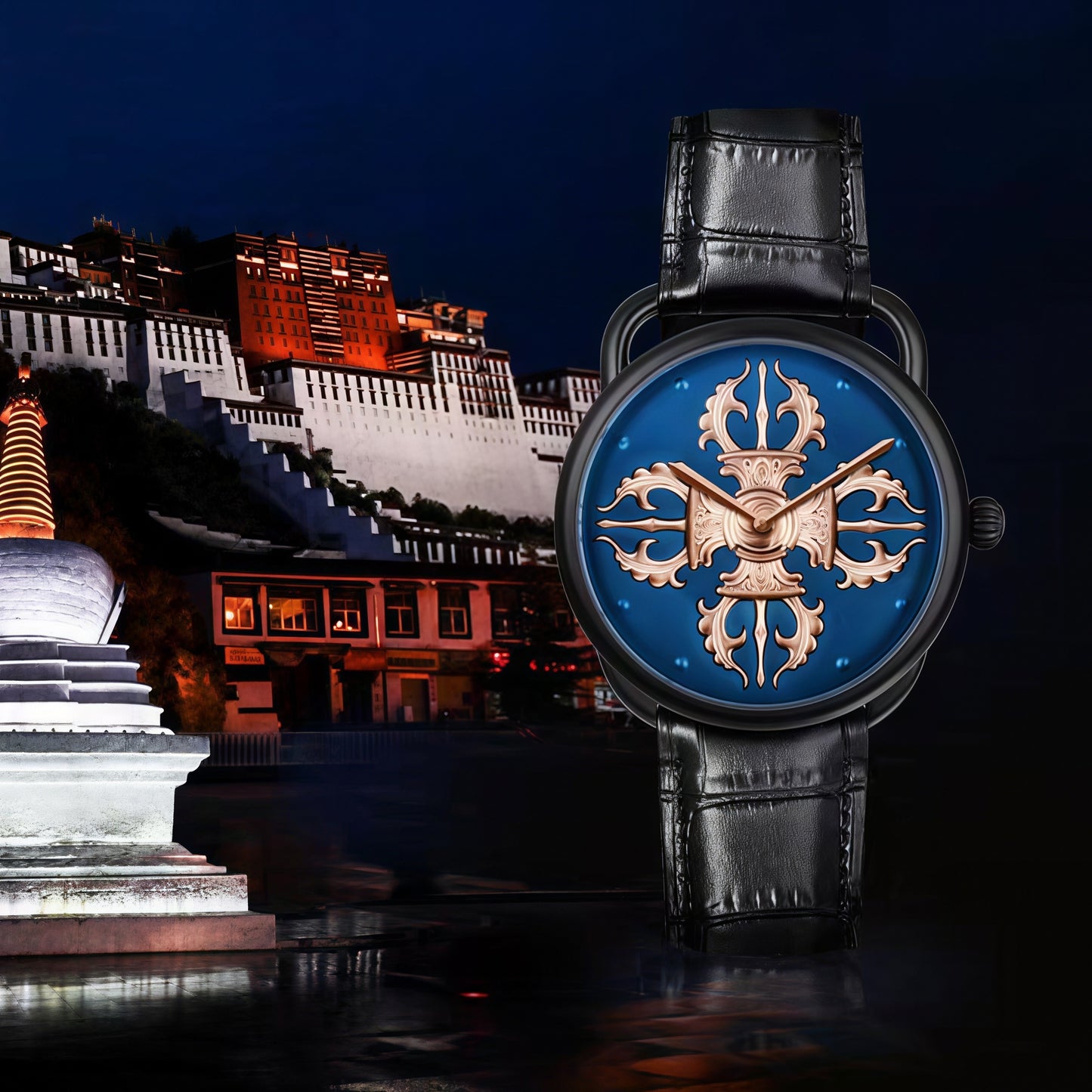 Buddha Hour 43mm Vajra Relief Watch – Buddhist dharma luxury timepiece for men, matte black case, precision-engraved copper dial, sapphire crystal