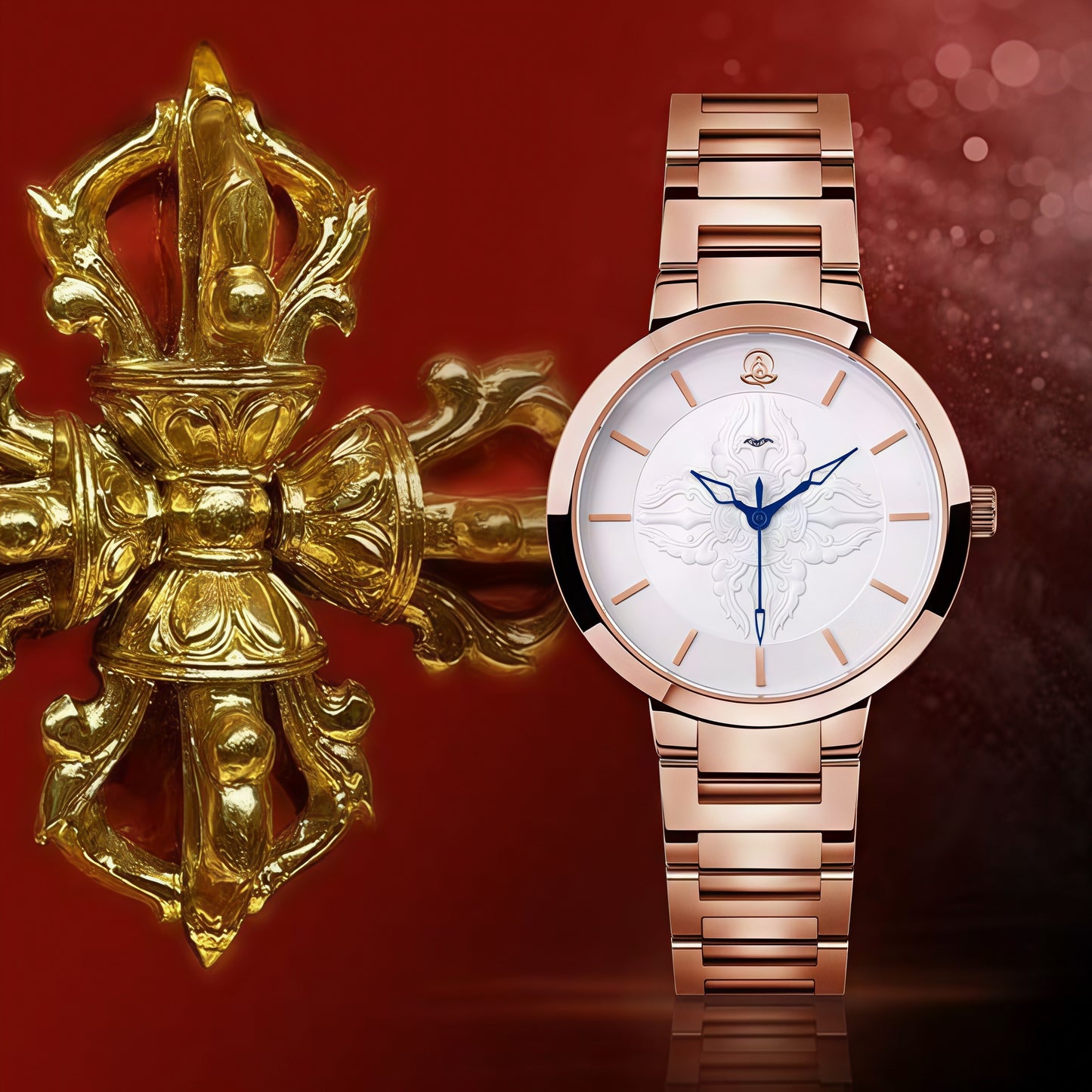 Buddha Hour Vajra Steel Bracelet Watch | Buddhist dharma luxury timepiece, rose gold, steel bracelet, 38mm & 34mm