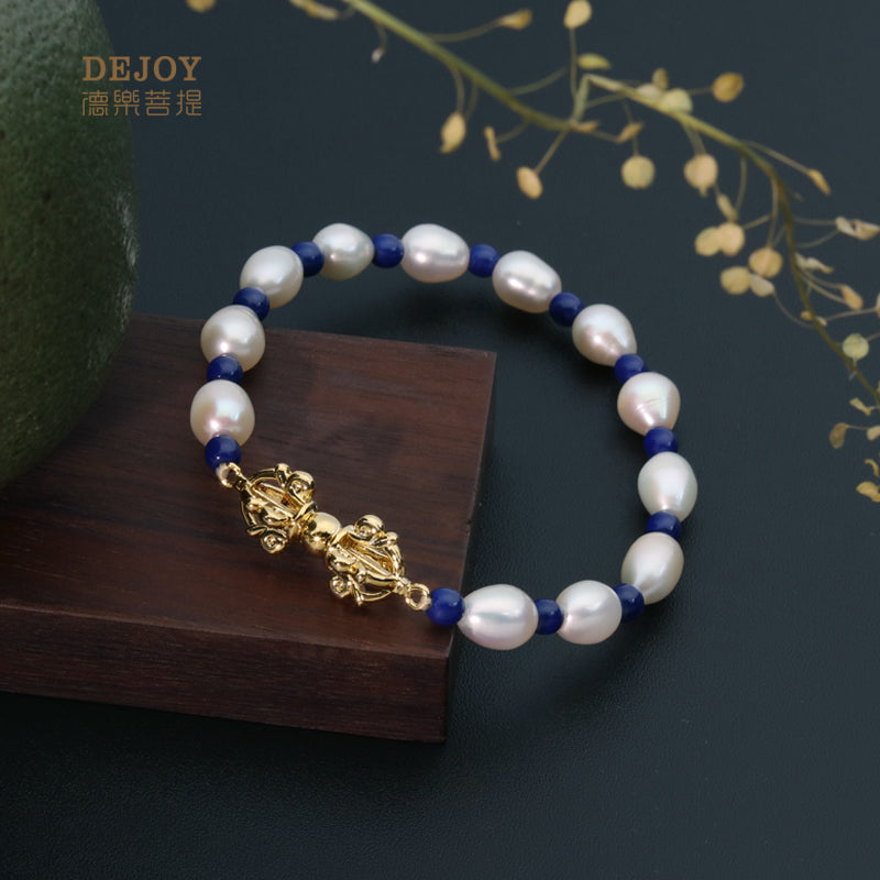 Kyanite Pearl Vajra Pestle Prayer Bracelet | Buddhist Gemstone Jewelry