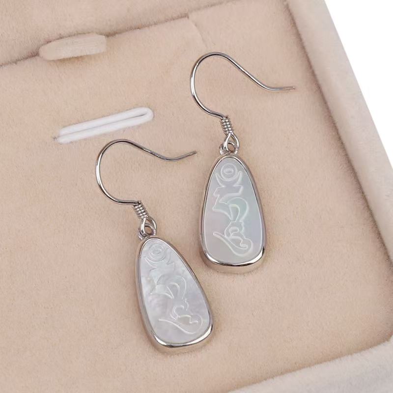 Hum Seed Syllable Mother of Pearl Drop Earrings | Buddhist Jewelry