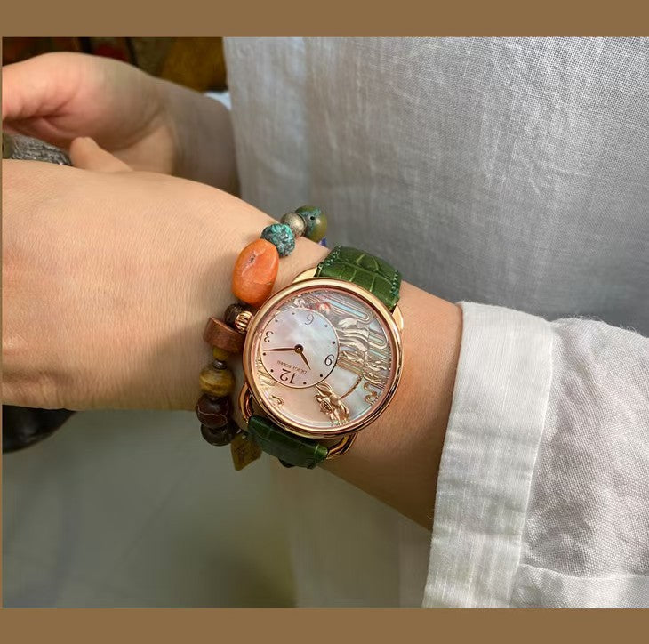 【DEJOY BODHI】Lotus Mother of Pearl Embossed Watch | Buddhist Luxury Timepiece