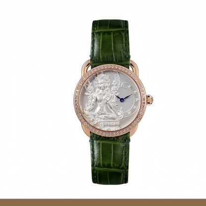 【DEJOY BODHI】38mm Green Arya Tara Relief Watch | Buddhist Women's Luxury Timepiece