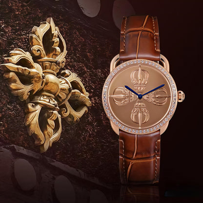 Buddha Hour Double Vajra Relief Watch – Buddhist dharma luxury timepiece, 24K rose gold-plated case, precision-engraved brass dial, sapphire crystal, 38mm & 43mm