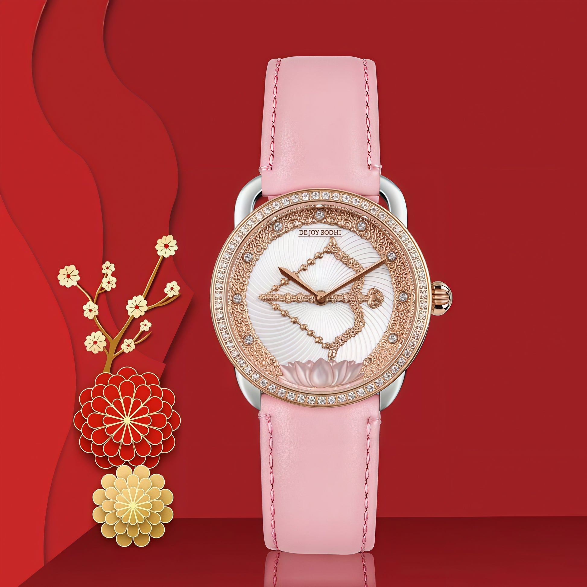 Buddha Hour Kurukulla Flower Arrow Relief Watch – Tibetan Buddhist love goddess luxury timepiece, 38mm, genuine mother-of-pearl dial, Swarovski crystals, sapphire crystal