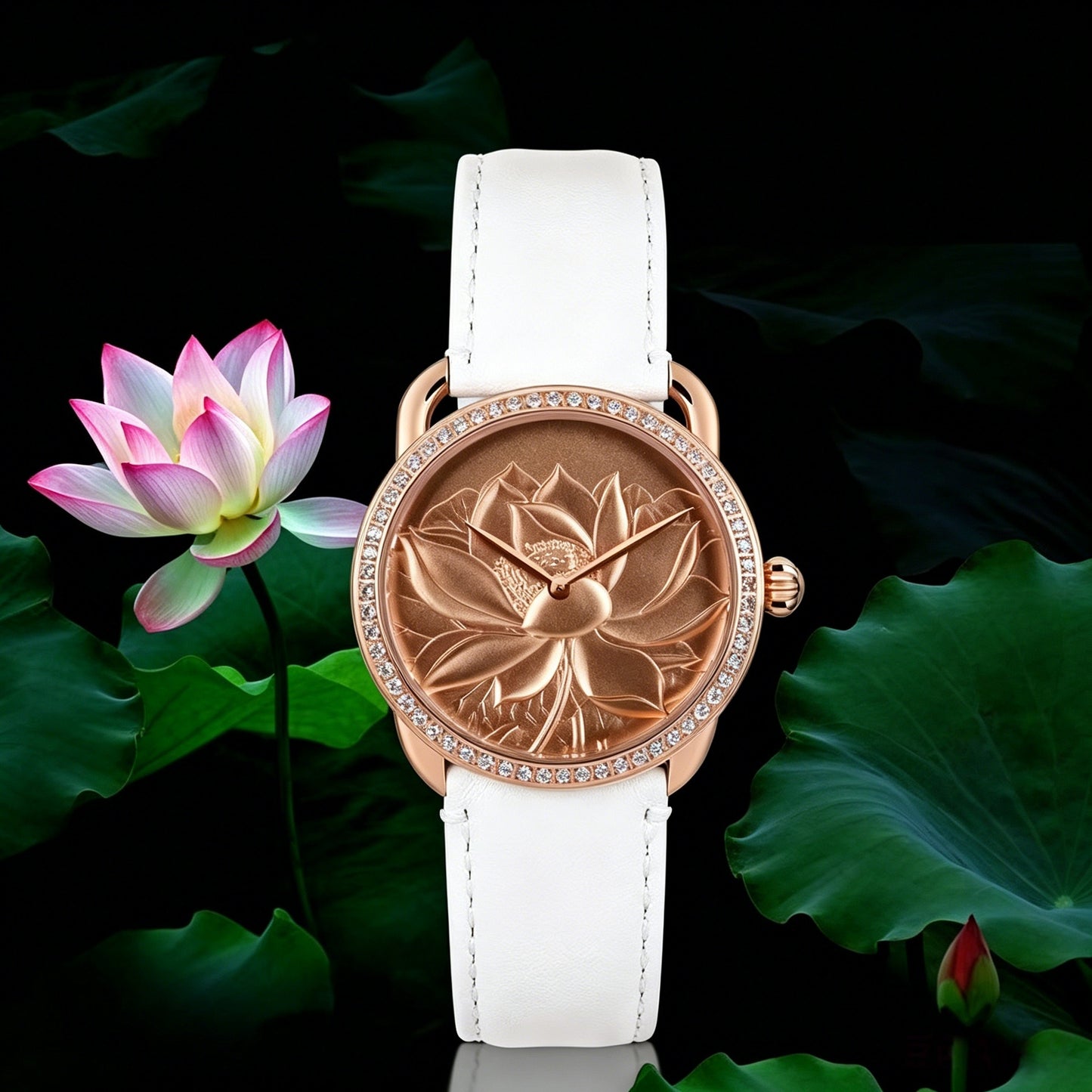 Buddha hour 38mm Lotus Relief Watch – Buddhist women's luxury timepiece with Swarovski crystals, sapphire crystal glass, genuine leather strap